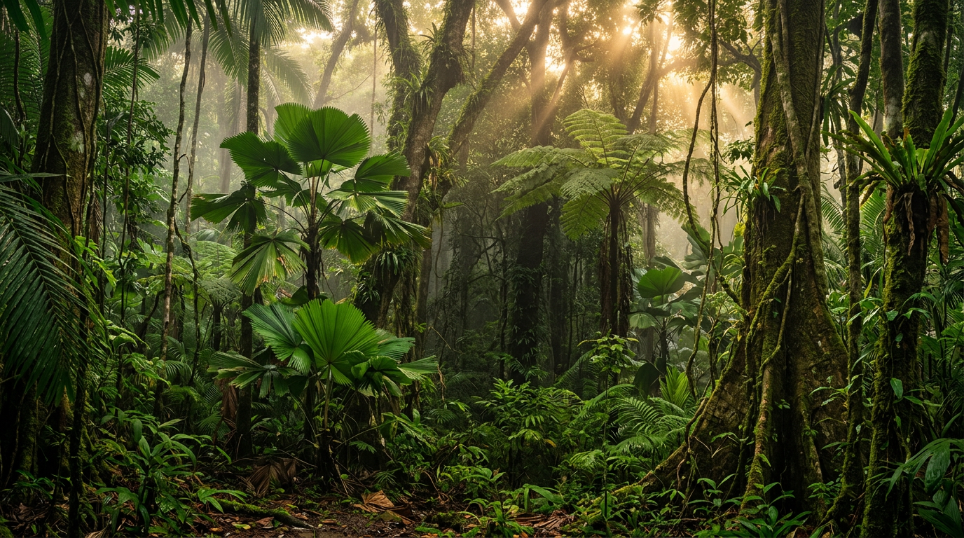 Sunlight filtering through ancient rainforest canopy